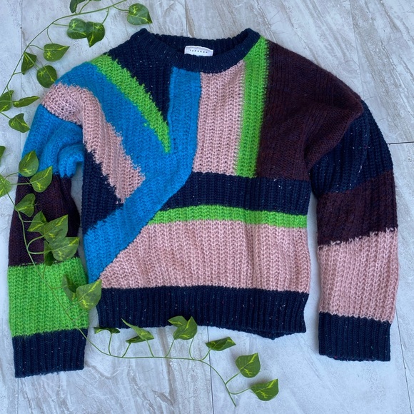 Topshop Knitted Color Block Cropped Sweater Long Sleeve Knit Fall Crop Top Retro - Picture 1 of 6